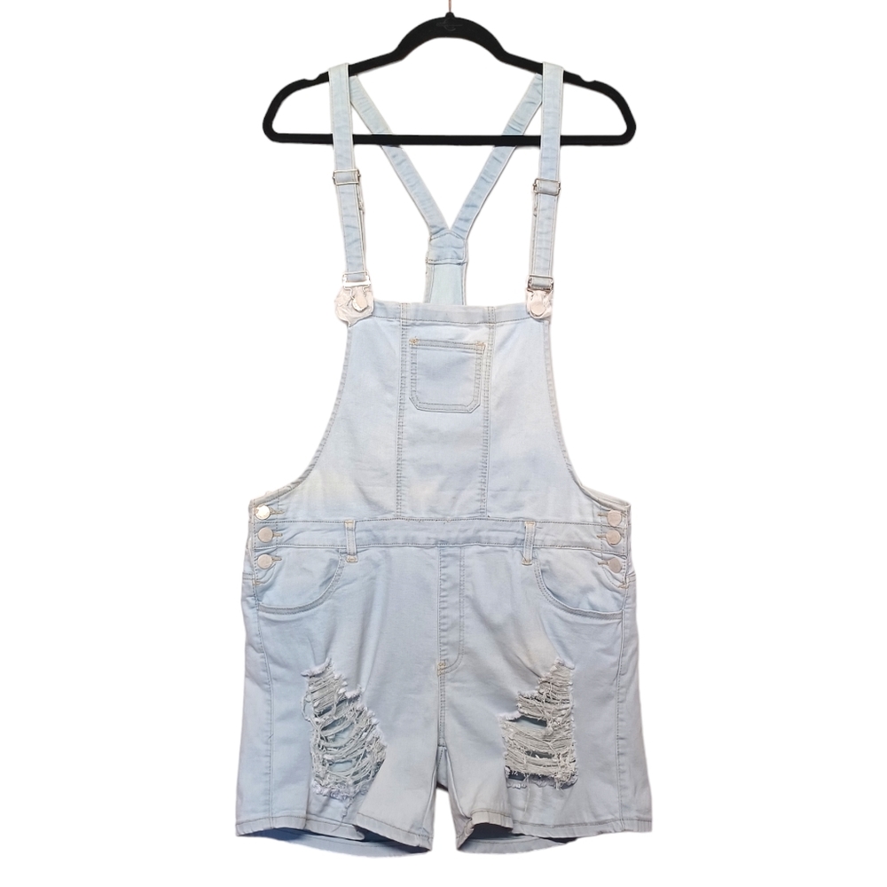 AMERICAN BAZI Light Blue Distressed Denim Short Overalls 2X NWT